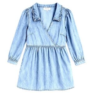 Madewell Babydoll Mini Denim Puff Sleeve Faux-Wrap Dress Ruffle Collar Size M